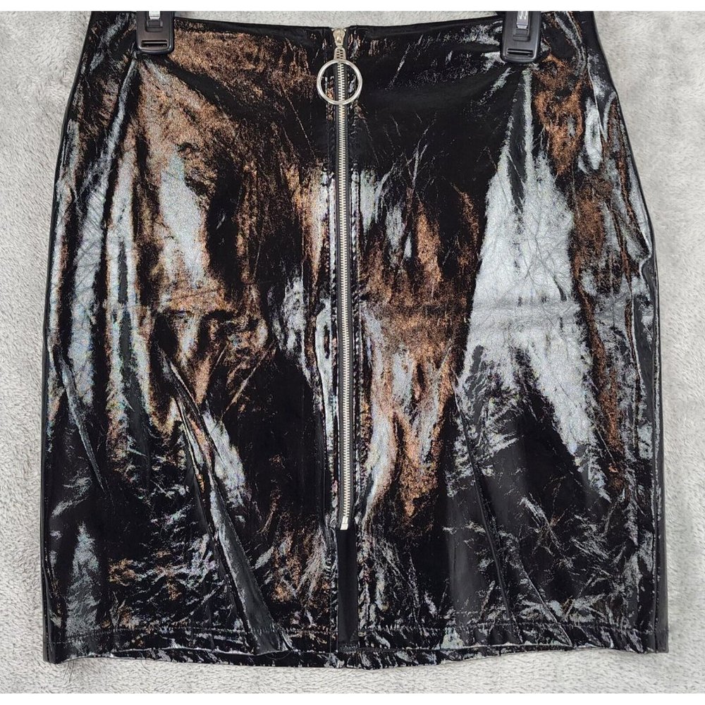 Forever 21 Skirt Womens Large Black Distress Retro Punk Y2K Full Front Zip Mini